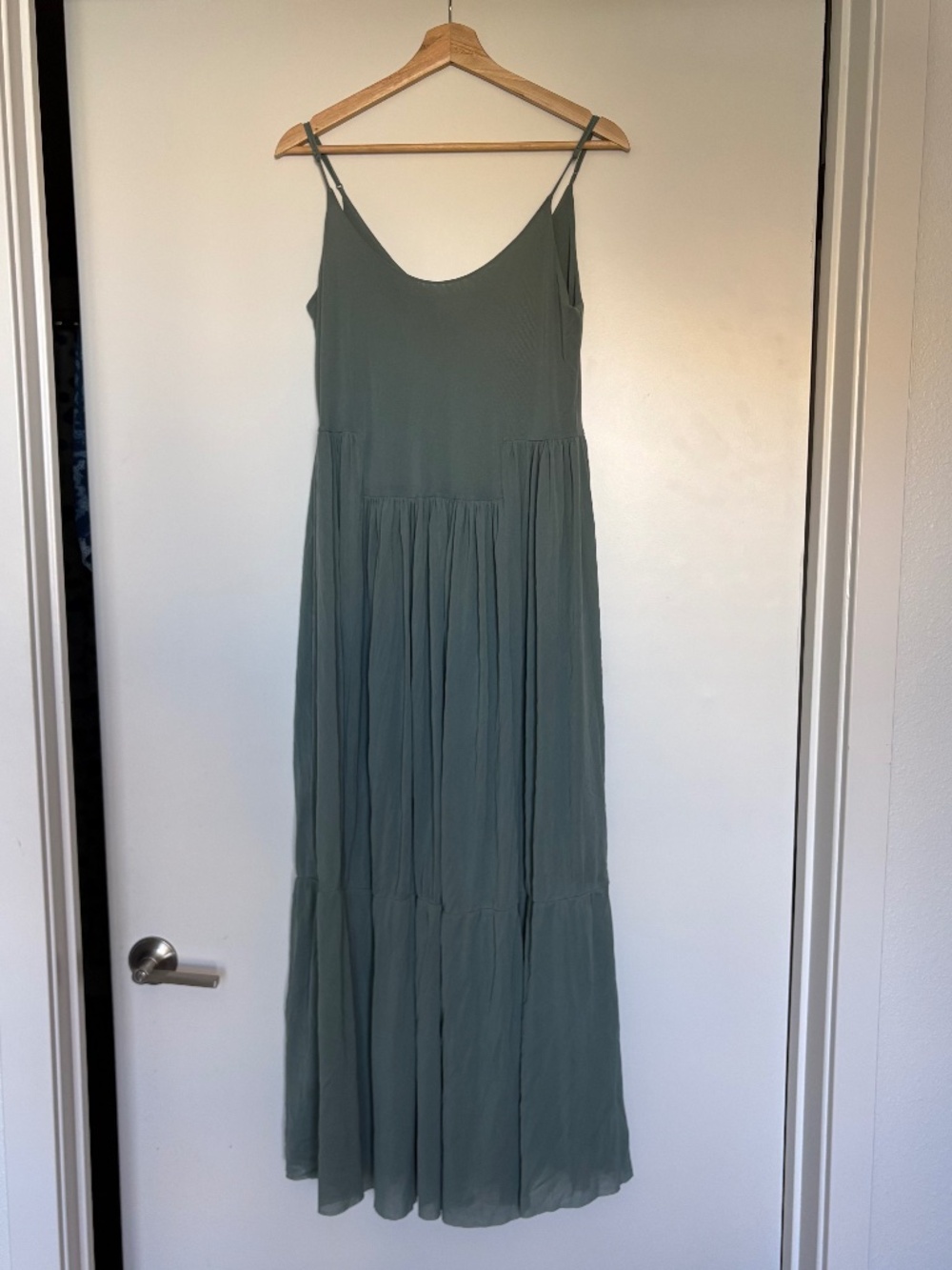 Sage green sundress with tiered mesh skirt